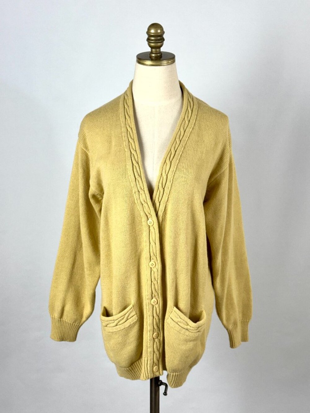 Vtg Womens Butter Yellow Cable Knit Cardigan Pastel Pockets Academia Relaxed Fit